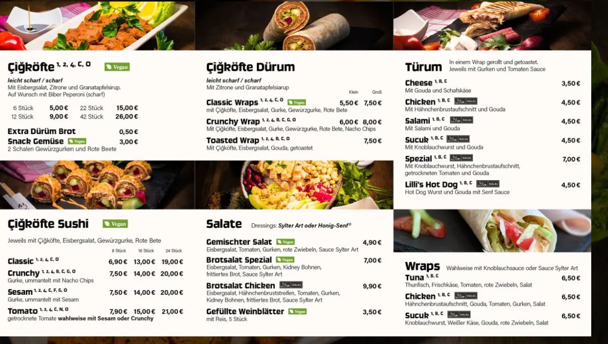 Speisekarte von Finest Çiğköfte mit den Kategorien Çiğköfte, Çiğköfte Dürüm, Türüm, Çiğköfte Sushi, Salate und Wraps inklusive Preisen.